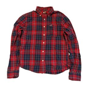 Hollister Men's Red & Navy Blue Plaid Button-Down Shirt Size L